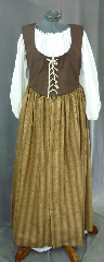 Bodice Gown ID:B287, Bodice Color:Chocolate Brown, Bodice Fiber:Cotton, Bodice Style/ Closure:Irish dress, lace-up front, Skirt Color:Golden tan with vertical chocolate brown stripes, Skirt Fiber:CottonChest Measurement:46", Length:56".