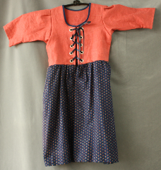 Bodice Gown ID:B291, Bodice Color:Salmon, Bodice Fiber:Linen, Bodice Style/ Closure:Child's Bodice Dress, Skirt Color:Navy patterned skirt, Skirt Fiber:LinenChest Measurement:23", Length:25".
