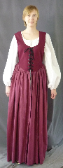 Bodice Gown ID:B300, Bodice Color:Cranberry, Bodice Fiber:Cotton, Bodice Style/ Closure:Irish dress, lace-up front, Skirt Color:Cranberry, baby pink stripes, Skirt Fiber:CottonChest Measurement:40", Length:63".
