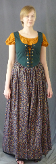 Bodice Gown ID:B301, Bodice Color:Spruce Green, Bodice Fiber:Cotton, Bodice Style/ Closure:Irish dress, lace-up front, Skirt Color:Blue floral pattern, Skirt Fiber:CottonChest Measurement:34", Length:59".