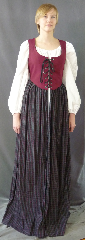 Bodice Gown ID:B302, Bodice Color:Cranberry/Black Reversible, Bodice Fiber:Cotton, Bodice Style/ Closure:Irish dress, lace-up front, Skirt Color:Black, burgundy, blue, cream plaid, Skirt Fiber:CottonChest Measurement:36", Length:64".