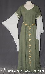 Gown ID:G396, Gown Color:Green, Style:12th Century<br>(shown with<br>Rosett Belt Item #BT3849 sold separately), Sleeve:Long drop sleeve White organza, Trim:Elizabethan Floral Gold & Green, Neckline Type:V-Neck, Fabric:Linen<br>Machine washable, Sleeve Length:33", Back Length:55".