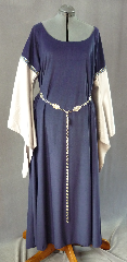 Gown ID:G405, Gown Color:Navy Blue, Style:12th Century, Sleeve:Long Drop Sleeve in silver polyester satin charmeuse<br>with Silver Blue Running Vine trim at bicep, Trim:Silver Blue Running Vine, Neckline Type:Scoop, Fabric:Polyester Thin Velour, Sleeve Length:32", Back Length:60".