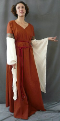 Gown ID:G486, Gown Color:Sienna, Style:12th Century, Sleeve:Long Drop sleeve in cream, Trim:Red on Black Stained Glass Floral at bicep, Neckline Type:V-Neck, Fabric:Cotton Lycra, Sleeve Length:31", Back Length:58".