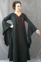 Gown ID:G498, Gown Color:Black, Style:12th Century, Sleeve:Long drop sleeve, Trim:red bias tape ties, Neckline Type:Keyhole with red bias tape ties, Fabric:Cotton Lycra Blend, Sleeve Length:30", Back Length:50".