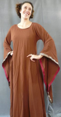Gown ID:G502, Gown Color:Cinnamon Brown, Style:12th Century, Sleeve:Long drop sleeve, Trim:Gold/Blue/Yellow/Red Medallion, Neckline Type:Scoop, Fabric:Rayon Challis, Sleeve Length:29.5", Back Length:52".