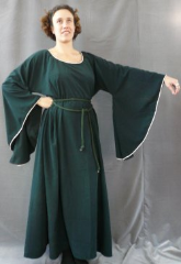 Gown ID:G503, Gown Color:Dark Green, Style:12th Century, Sleeve:Drop, Trim:Thin Silver Braid, Neckline Type:Scoop, Fabric:Peachskin Polyester, Sleeve Length:29", Back Length:54".