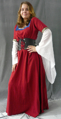 Gown ID:G524, Gown Color:Colonial Red, Style:12th Century, Sleeve:Short Sleeve, Trim:Crusader shield at bicep, Neckline Type:Square with bright blue contrast fabric border, Fabric:Linen Rayon, Sleeve Length:18", Back Length:54".