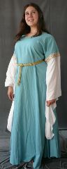 Gown ID:G538, Gown Color:Dusty Turquoise, Style:12th Century, Sleeve:Long Drop Sleeve in white cotton, Trim:Wide Double Medallion at bicep, Neckline Type:Scoop, Fabric:Linen, Sleeve Length:30", Back Length:58".