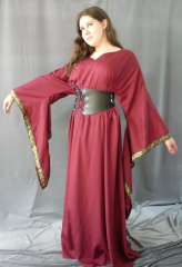 Gown ID:G546, Gown Color:Maroon, Style:12th Century, Sleeve:Long drop sleeve, Trim:Hybrid Medallion at edge, Neckline Type:Sweetheart V, Fabric:Rayon Polyester, Sleeve Length:31", Back Length:58.5".
