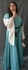 Gown ID:G551, Gown Color:Dusty Turquoise, Style:12th Century, Sleeve:Long drop sleeve, Trim:Narrow Chevron at bicep, Neckline Type:Sweetheart V, Fabric:Linen / Cotton, Sleeve Length:30.5", Back Length:56.5".