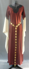 Gown ID:G580, Gown Color:Rust, Style:12th Century, Sleeve:Long drop sleeve in natural cotton muslin<br>Fantasia, Grey/Rust trim at bicep, Trim:Fantasia, Grey/Rust at bicep, Neckline Type:Keyhole with black contrast border, Fabric:Rayon Linen, Sleeve Length:29", Back Length:55".