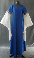 Gown ID:G588, Gown Color:Bright Medium Blue, Style:12th Century, Sleeve:Long drop sleeve in white cotton with Byzantine Circles trim at bicep, Trim:byzantine circles trim at bicep, Neckline Type:Sweetheart V, Fabric:Cotton Lycra, Sleeve Length:30", Back Length:58".