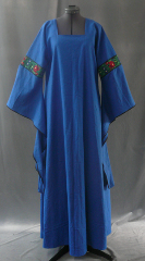 Gown ID:G591, Gown Color:Blue, Style:12th Century, Sleeve:Long drop sleeve with really pretty rose trim at bicep and black bias tape at edge, Trim:rose trim at bicep, black bias tape at edge, Neckline Type:Square, Fabric:Linen, Sleeve Length:27", Back Length:55".
