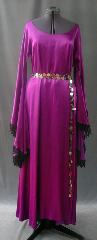 Gown ID:G596, Gown Color:Fuschia pink/purple, Style:12th Century, Sleeve:Long drop sleeve with feathered gothic lace at edge, Trim:feathered gothic black lace, Neckline Type:Ballet, Fabric:Rayon Satin, machine wash and dry, Sleeve Length:30", Back Length:55".