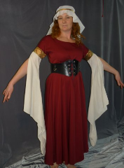 Gown ID:G604, Gown Color:Maroon, Style:12th Century, Sleeve:Long split drop sleeve wth in natural cotton muslin with bullseye trim, Trim:Bullseye, Neckline Type:Ballet, Fabric:Rayon Polyester, Sleeve Length:28.5", Back Length:49".