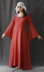Gown ID:G607, Gown Color:Dark Smoked Salmon, Style:12th Century, Sleeve:Long drop sleeve, Trim:Chevron Trim, Neckline Type:Squared with Chevron Trim at edge, Fabric:Linen, Sleeve Length:28.5", Back Length:49".