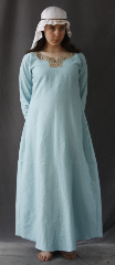 Gown ID:G608, Gown Color:Sky Blue, Style:12th Century, Sleeve:Straight, Trim:Floral Medallio trim at edge, Neckline Type:Keyhole with Floral Medallio trim at edge, Fabric:Rayon Poly Twill, Sleeve Length:30.5", Back Length:52".