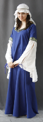 Gown ID:G609, Gown Color:Colbalt Blue, Style:12th Century, Sleeve:Split recurve with Traditional Squares trim at bicep, Trim:Traditional Squares trim, Neckline Type:Squared sweetheart, Fabric:Cotton linen, Sleeve Length:32", Back Length:54".