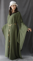 Gown ID:G611, Gown Color:Olive Green, Style:12th Century, Sleeve:Long drop sleeve with bias tape at edge, Trim:black contrast fabric, Neckline Type:Keyhole with black constrast fabric, Fabric:Linen Tencel, Sleeve Length:30", Back Length:51".