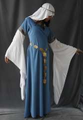 Gown ID:G614, Gown Color:French Blue, Style:12th Century, Sleeve:Long drop sleeve of white rayon challis, Trim:Tapestry Hunt trim at bicep, Neckline Type:Scoop, Fabric:Polyester Moleskin, Sleeve Length:32", Back Length:55.5".