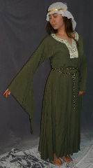 Gown ID:G615, Gown Color:Stone Green, Style:12th Century, Sleeve:Long drop sleeve, Trim:on neckline, Neckline Type:keyhole with Elizabethan Floral trim at edge, Fabric:Linen Tencel, Sleeve Length:29.5", Back Length:49".