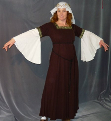 Gown ID:G625, Gown Color:Brown, Style:12th Century, Sleeve:Long drop sleeve of white rayon challis with Cross trim at bicep, Trim:Cross trim at bicep and neck, Neckline Type:Square, Fabric:Linen / Rayon, Sleeve Length:30", Back Length:55".