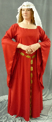 Gown ID:G638, Gown Color:Red, Style:12th Century, Sleeve:Long drop sleeve, Trim:Celtic beasties Red/Gold/Silver, Neckline Type:Ballet, Fabric:Rayon Polyester, Sleeve Length:30", Back Length:56".