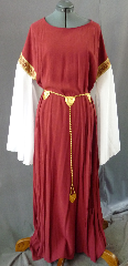 Gown ID:G661, Gown Color:Dark Rusty Red, Style:12th Century, Sleeve:long Drop Sleeve in white polyester with Rusty Diamonds Trim at bicep, Trim:Rusty Diamonds Trim at bicep, Neckline Type:Scoop, Fabric:Tencel, Sleeve Length:31.5, Back Length:52".