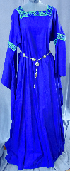 Gown ID:G665, Gown Color:Blue, Style:12th Century, Sleeve:Long Drop Sleeve with Green/Blue Celtic Beasties trim at bicep and neckline, Trim:Green/Blue Celtic Beasties trim at bicep and neckline, Neckline Type:Square, Fabric:Linen/cotton, Sleeve Length:30", Back Length:60".