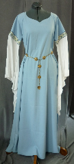Gown ID:G668, Gown Color:Powder Blue, Style:12th Century, Sleeve:Long drop sleeve of white rayon challis with Elizabethan Floral Gold/blue trim at bicep, Trim:Elizabethan Floral Gold/blue trim at bicep, Neckline Type:Sweetheart V, Fabric:Polyester Moleskin, Sleeve Length:30", Back Length:57".