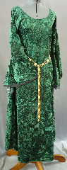 Gown ID:G672, Gown Color:Green, Style:12th Century, Sleeve:Long Drop Sleeve with black lace at edge, Trim:Black lace at sleeve edge, Neckline Type:Ballet, Fabric:Crushed Velvet, Bust Size:40", Sleeve Length:30", Back Length:55".