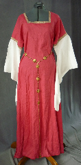 Gown ID:G677, Gown Color:Coral Red, Style:12th Century, Sleeve:Long Drop Sleeve in white cotton with <br>Yellow/Red Medallion Narrow trim at bicep, Trim:Yellow/Red Medallion Narrow trim at bicep, Neckline Type:Square, Fabric:Linen with Cotton Sleeves, Sleeve Length:30", Back Length:57".