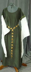 Gown ID:G683, Gown Color:Green, Style:12th Century, Sleeve:Long Drop Sleeve in white cotton with <br>Green Leaf Helix trim at bicep, Trim:Green Leaf Helix trim at bicep, Neckline Type:Scoop, Fabric:Polyester Moleskin, Sleeve Length:30", Back Length:52".