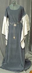 Gown ID:G684, Gown Color:Grey/Blue, Style:12th Century, Sleeve:Long Drop Sleeve in white cotton<br>with Silver Blue Running Vine trim at bicep<br>and narrow black lace at wrist, Trim:Silver Blue Running Vine trim at bicep<br>and narrow black lace at wrist, Neckline Type:Scoop, Fabric:Polyester Moleskin, Sleeve Length:29", Back Length:65".