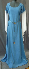 Gown ID:G686, Gown Color:Cornflower Blue, Style:12th Century, Sleeve:Long drop sleeve of white rayon challis with Floral Scroll Blue/White trim at bicep, Trim:Floral Scroll Blue/White trim at bicep, Neckline Type:Scoop, Fabric:Polyester Moleskin, Sleeve Length:32", Back Length:63".