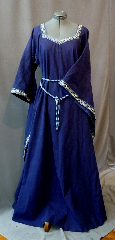 Gown ID:G687, Gown Color:Bright Navy Blue, Style:12th Century, Sleeve:Long Drop Sleeve<br>with 2-Tone Blue Floral trim at sleeve edge, Trim:2-Tone Blue Floral trim at neck<br>and sleeve edge, Neckline Type:Squared Sweetheart with<br>2-Tone Blue Floral trim, Fabric:Linen, Sleeve Length:25.5", Back Length:56".
