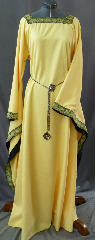 Gown ID:G693, Gown Color:Yellow, Style:12th Century, Sleeve:Long Drop Sleeve with Paisley Diamond trim on edge, Trim:Paisley Diamond trim on neckline and sleeve edge, Neckline Type:Square with Paisley Diamond trim, Fabric:Corded Polyester, Sleeve Length:32", Back Length:60".