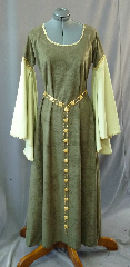 Gown ID:G697, Gown Color:Green with Light Green Sleeves, Style:12th Century, Sleeve:Long Drop Sleeve wirh gold trim at bicep and wrist, Trim:Gold metallic trim, Neckline Type:Scoop with gold trim, Fabric:Robe Velour, Sleeve Length:31", Back Length:54".