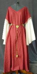 Gown ID:G698, Gown Color:Coral Red with cream sleeves, Style:12th Century, Sleeve:Long Drop Sleeve in cream polyester with<br>Medallion, Double, Narrow trim at bicep, Trim:Medallion, Double, Narrow (gold, red & white), Neckline Type:Sweetheart V, Fabric:Linen with polyester sleeves, Sleeve Length:31", Back Length:52".