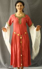 Gown ID:G705, Gown Color:Salmon, Style:12th Century, Sleeve:Long Drop Sleeve with Red and Gold Vine trim bicep and keyhole neck, Trim:Red and Gold Vine Trim, Neckline Type:Keyhole with Red and Gold Vine trim, Fabric:Washed Linen, Back Length:47".