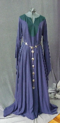 Gown ID:G706, Gown Color:Blue with Pine Green contrast, Style:12th Century, Sleeve:Long drop sleeve, Trim:None, Neckline Type:Keyhole with pine green contrast fabric, Fabric:Tercel (cotton contrast), Sleeve Length:31", Back Length:59".