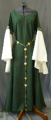 Gown ID:G709, Gown Color:Hunter Green, Style:12th Century, Sleeve:Long Drop Sleeve in ivory polyester satin and Cross trim at bicep, Trim:Cross trim at bicep, Neckline Type:Sweetheart V, Fabric:Moleskin, Sleeve Length:30", Back Length:56".