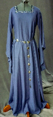 Gown ID:G712, Gown Color:Dark Periwinkle Blue, Style:12th Century, Sleeve:Long drop sleeve, Trim:2-Tone Blue Floral on neck, Neckline Type:Square, Fabric:Washed Linen, Sleeve Length:26", Back Length:58".