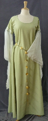 Gown ID:G713, Gown Color:Light Peridot, Style:12th Century, Sleeve:Long Drop Split Sleeve in poly chiffon with Elizabethan Floral Gold/green trim at bicep, Trim:Elizabethan Floral Gold/green trim at bicep, Neckline Type:Scoop, Fabric:Light weight machine washable polyester, Sleeve Length:27", Back Length:59".