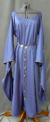 Gown ID:G717, Gown Color:Periwinkle Purple / Cornflower Blue, Style:12th Century, Sleeve:Long Drop Sleeve with Florentine Narrow, Silver, Green, & Purple trim at edge, Trim:Florentine Narrow, Silver, Green, & Purple trim at sleeve edge, Neckline Type:Ballet, Fabric:Corded Polyester, Sleeve Length:31", Back Length:51".