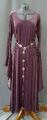 Gown ID:G719, Gown Color:Mauve, Style:12th Century, Sleeve:Long Drop Sleeve with Narrow Black Lace at edge, Trim:Narrow Black Lace at sleeve edge, Neckline Type:Scoop, Fabric:4-way Stretch Velvet, Sleeve Length:31", Back Length:52".