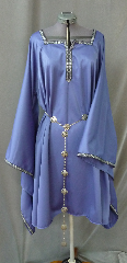 Gown ID:G722, Gown Color:Periwinkle Purple / Cornflower Blue, Style:12th Century, Sleeve:Long Drop Sleeve with Florentine Narrow, Silver, Green, & Purple trim at edge, Trim:Florentine Narrow, Silver, Green, & Purple trim at sleeve edge, neck, Neckline Type:Square Keyhole, Fabric:Corded Polyester, Sleeve Length:31", Back Length:40".