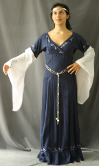 Gown ID:G726, Gown Color:Stone Blue, white sleeves, Style:12th Century (shown with Diamond Shield Plaque Belt BT0014BZ-ST, and circlet  CT0466EL-ST, not included), Sleeve:Long Drop Sleeve in white cotton, Trim:embroidery, Neckline Type:V-Neck, Fabric:Cotton, Sleeve Length:29", Back Length:56".