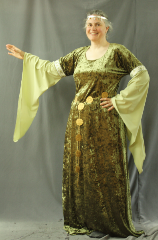 Gown ID:G727, Gown Color:Olive green, pale green sleeves, Style:12th Century (shown with Round Venetian Filigree Plaque Belt BT0004BZ, and circlet  CT0466EL-ST, not included), Sleeve:Long Drop Sleeve with Elizabethan floral trim on the bicep, Trim:Elizabethan floral trim on bicep, Neckline Type:Scoop, Fabric:Hammered Stretch Velvet, Sleeve Length:36", Back Length:63".